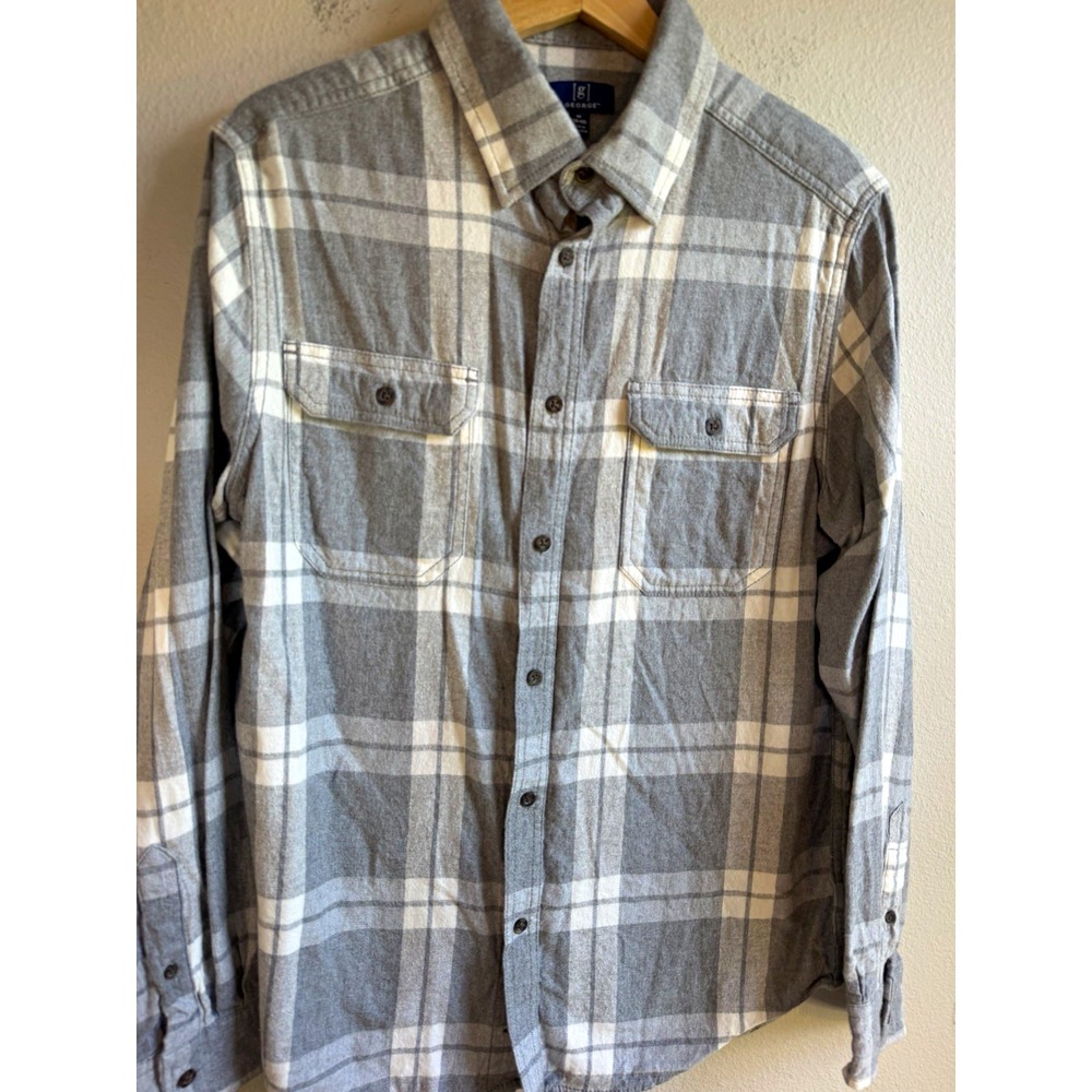 George Men's Medium (38-40) Gray White Plaid Flannel Button Up Shirt Long Sleeve